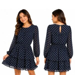 Scoop Flounce Dress Kids Size M 8-10 Navy Blue White Polka Dot Long Sleeve New
